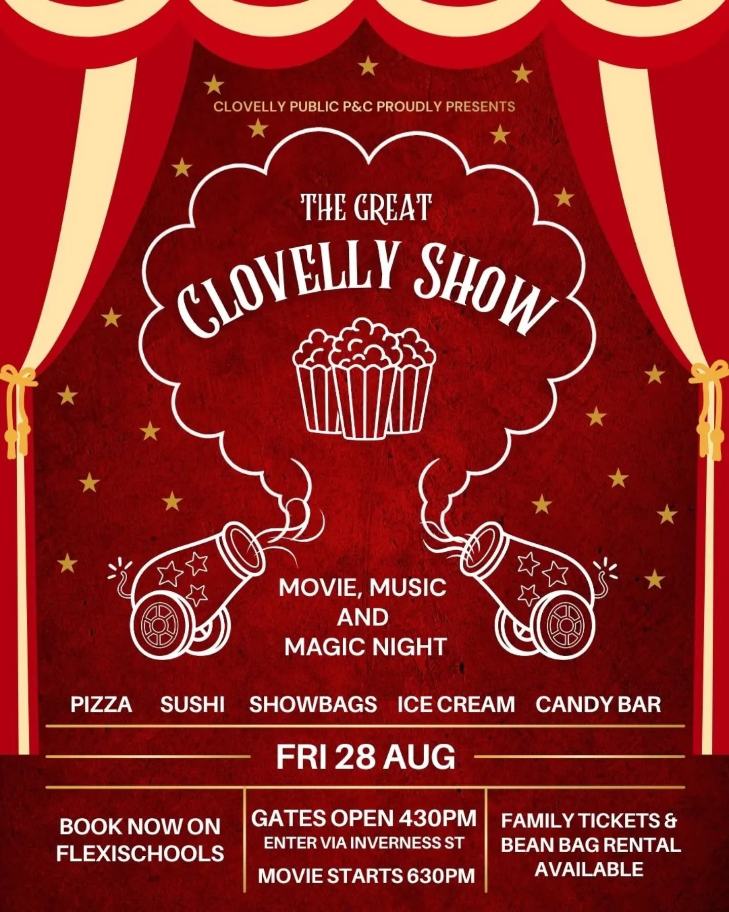 SHOWTIME: tickets for The Great Clovelly Show moonlight movie night (with extra magic and music) are ON SALE NOW on Flexischools
This event is expected to SELL OUT so get in quick to reserve your spot, and pre-order some dinner and a fun filled Showbag while you're there
🎪🍿🎩✨